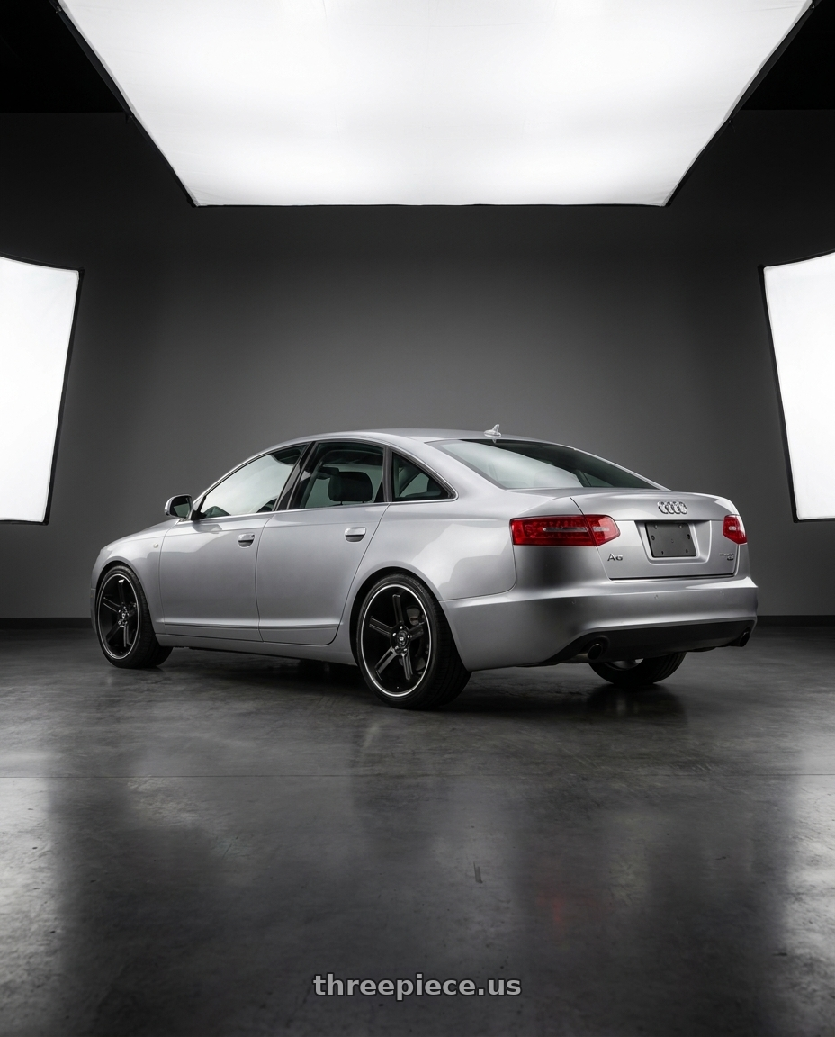 2010 Audi A6 with Motegi MR122 4X100/4X114.3 18X9 +45 SATIN BLACK W/ MACHINED STRIPE wheels rear three quarter view square tires