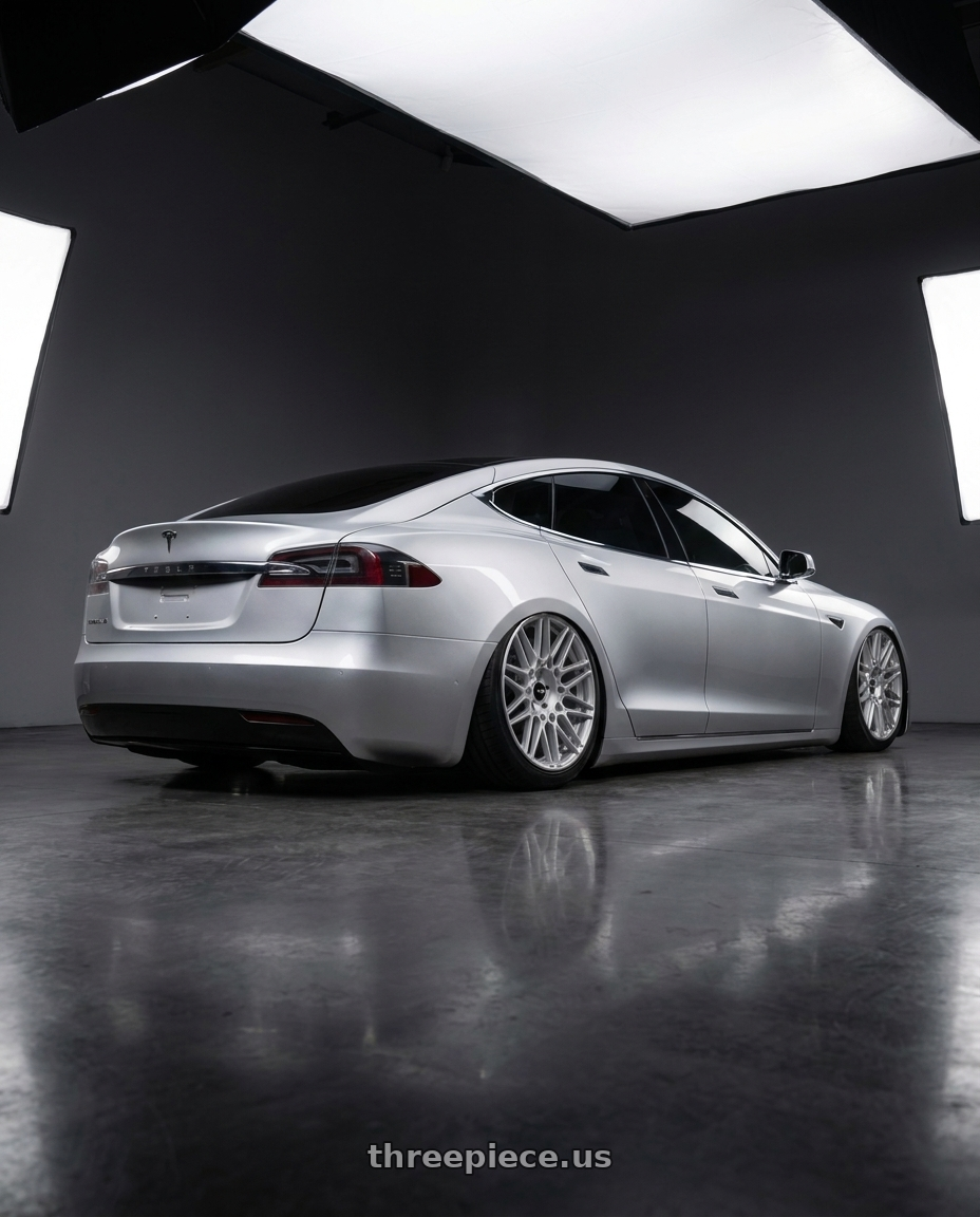 2018 tesla model s with Rotiform RC202 GRZ 5X112/5X120 20x8.5 +45 GLOSS SILVER wheels rear three quarter view extreme stretch tires