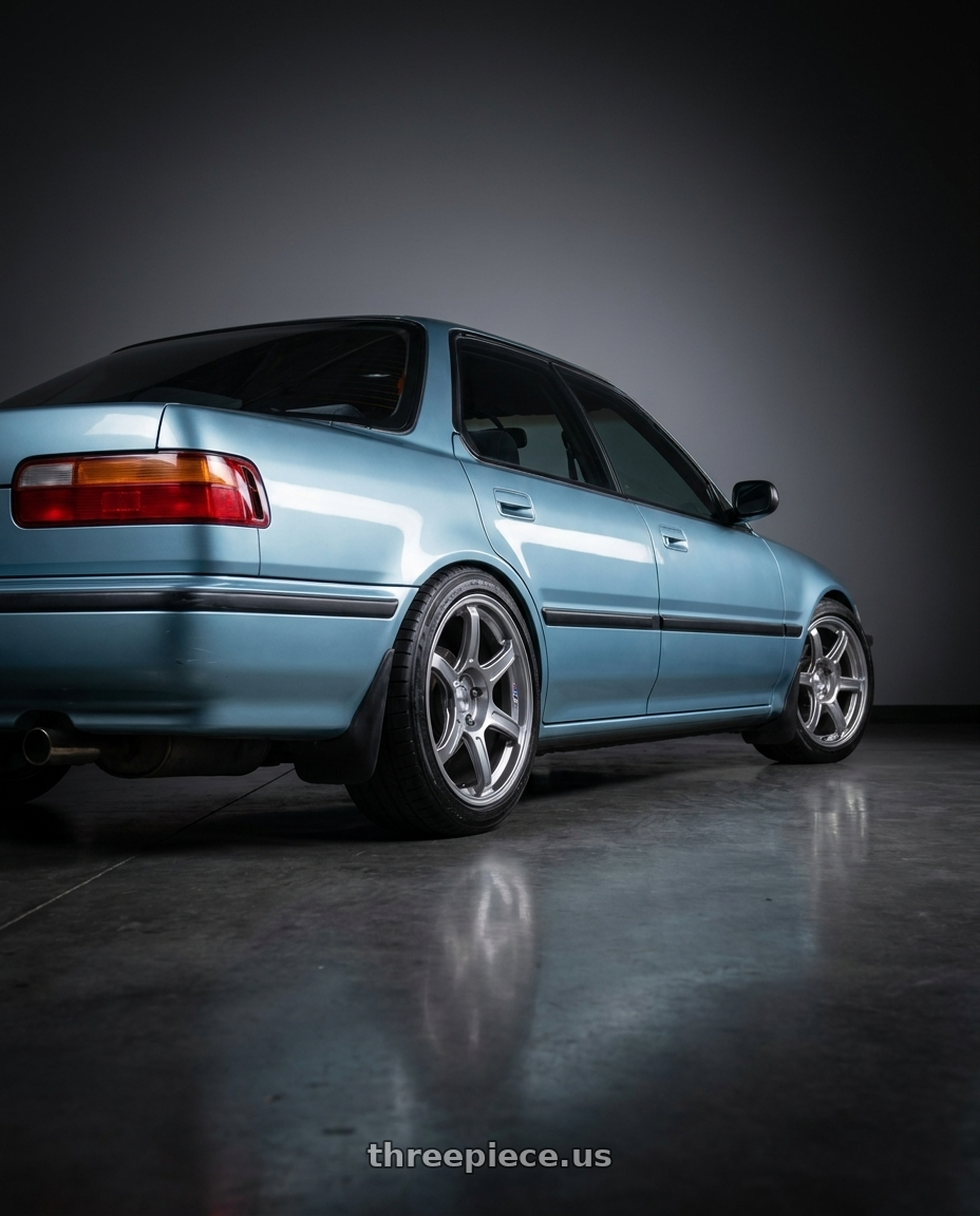1990 Acura integra with Ssr Gtx03 4x100 17x7+42  PLATINUM SILVER wheels rear three quarter view square tires