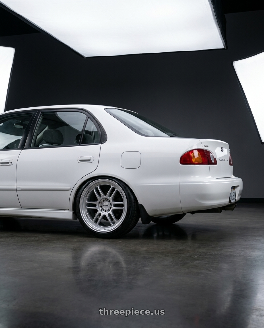 2001 toyota corolla ce with KATANA RACING KR02 4x100/4x114.3 17x7.5 +40 Glossy Sliver wheels rear three quarter view square tires