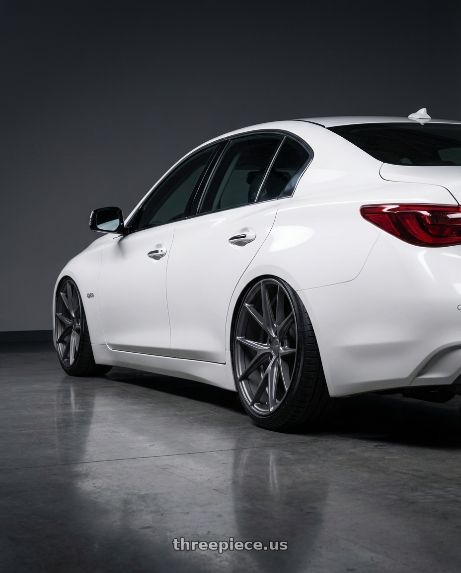 2020 Infiniti Q50 with Niche 1PC M116 MISANO 5X114.3 20X9 +25 MATTE GUN METAL wheels rear three quarter view slight stretch tires