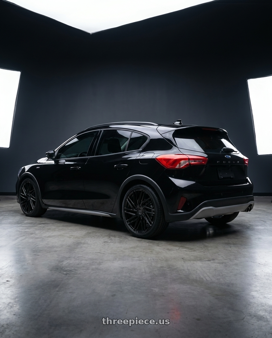 2021 Ford Focus active with Motiv 429B Align 5x114.3/5X120 17x7.5 +40 Gloss Black wheels rear three quarter view square tires