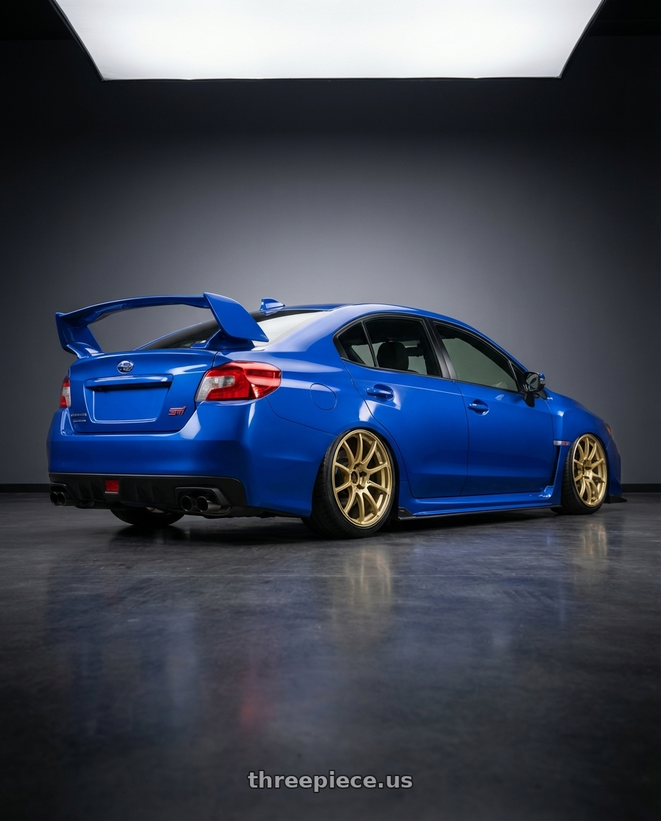 2018 Subaru WRX STI with Advan RCIII 5x114.3 18x8.5+38 Gold wheels rear three quarter view slight stretch tires