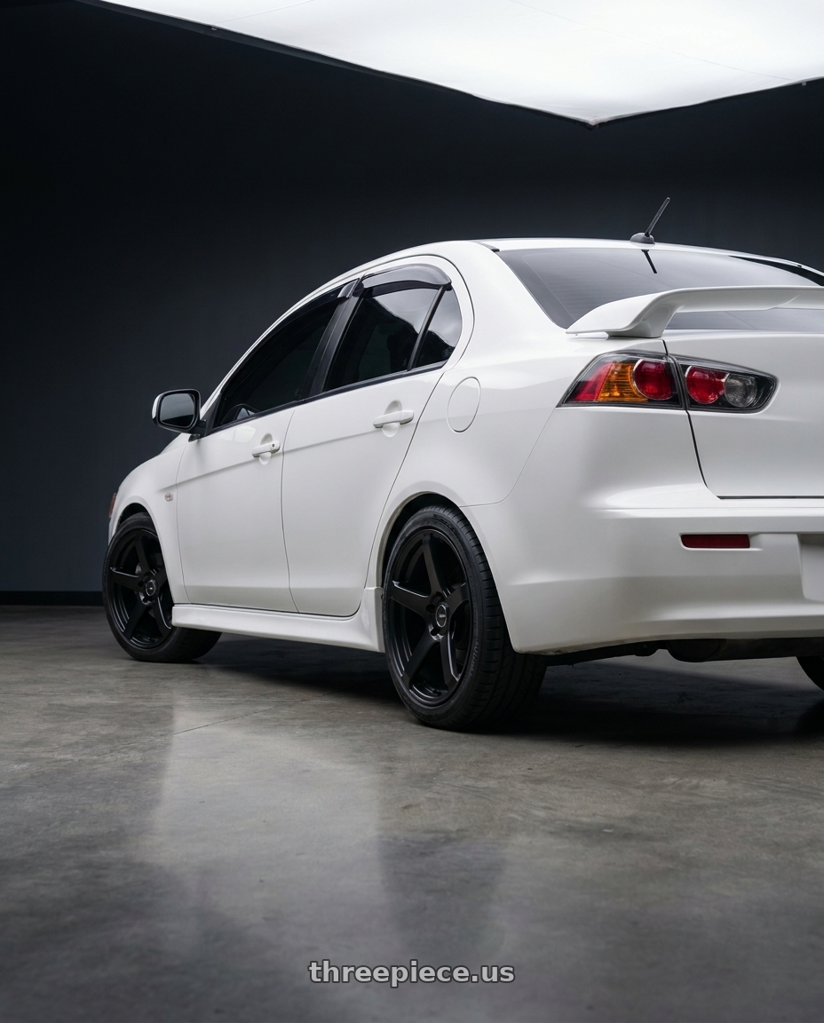 2012 Mitsubishi fortis io with Enkei Kojin 5x114.3 17x8+40 Matte Black wheels rear three quarter view square tires