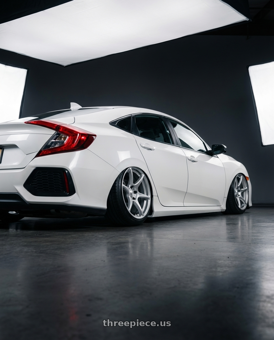 2019 Honda Civic with Kansei K11S Tandem 5x114.3 19x9.5 12 Hyper Silver wheels rear three quarter view slight stretch tires