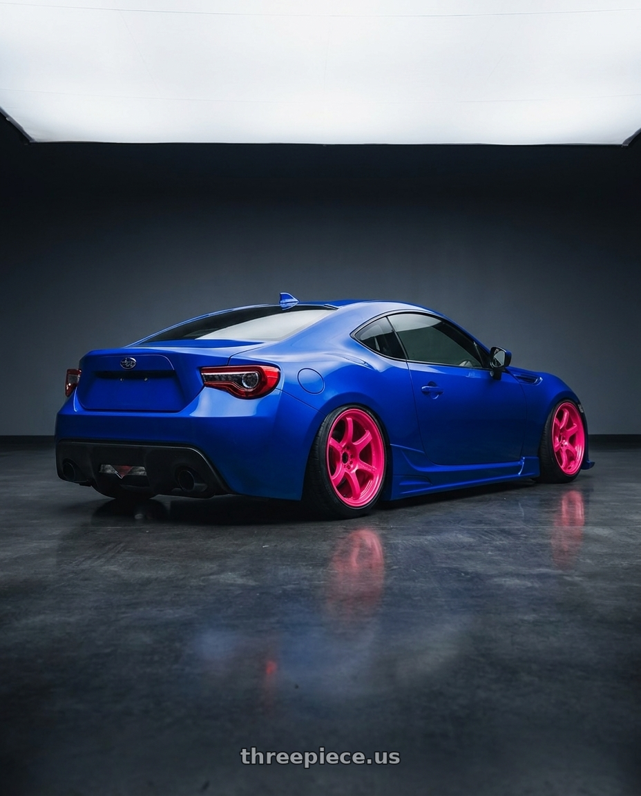 2019 Subaru BRZ with Gram Lights 57DR 5x100 18x9.5+38 Luminous Pink wheels rear three quarter view slight stretch tires