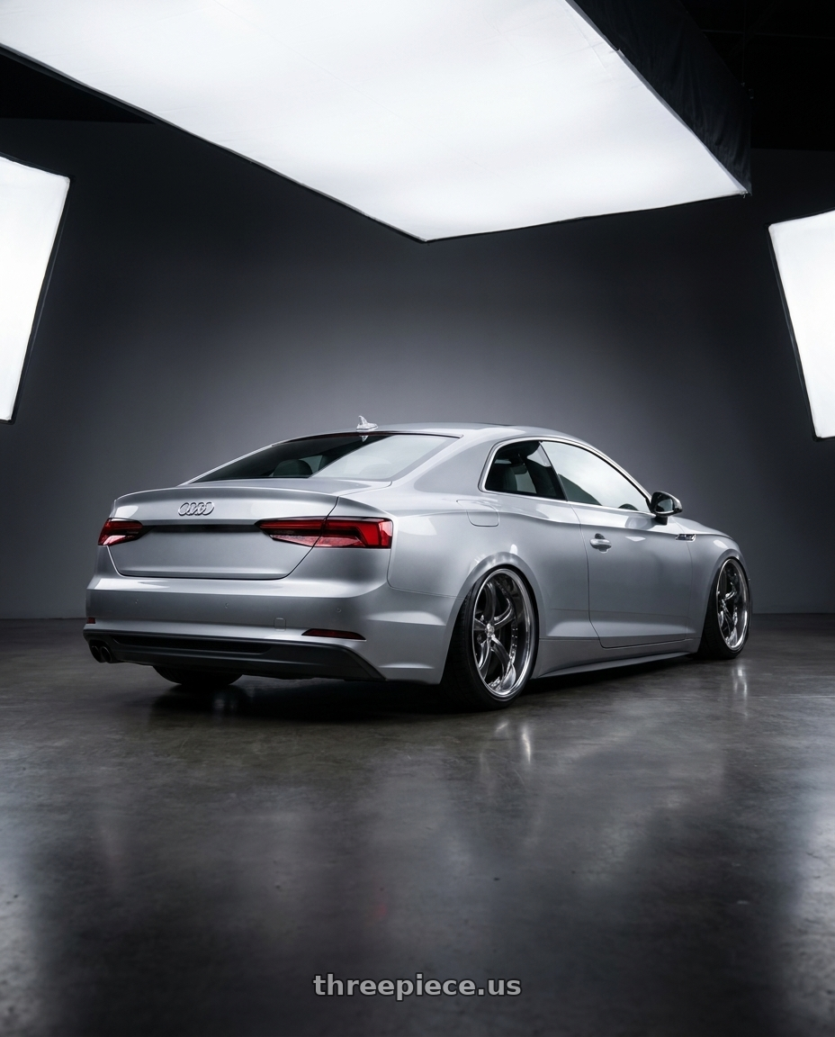 2018 Audi A5 with Work Wheels VS-KF 5x112 19x9+2 Brilliant Silver Black A Disk FULL REVERSE wheels rear three quarter view slight stretch tires
