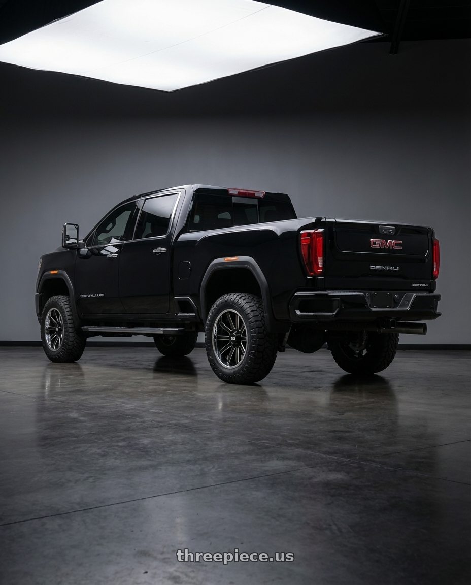 2020 gmc seirra 2500 hd duramax denali with XD XD200 HEIST 8X180 22X10 -18 GLOSS BLACK MILLED CENTER CHROME LIP wheels rear three quarter view square tires