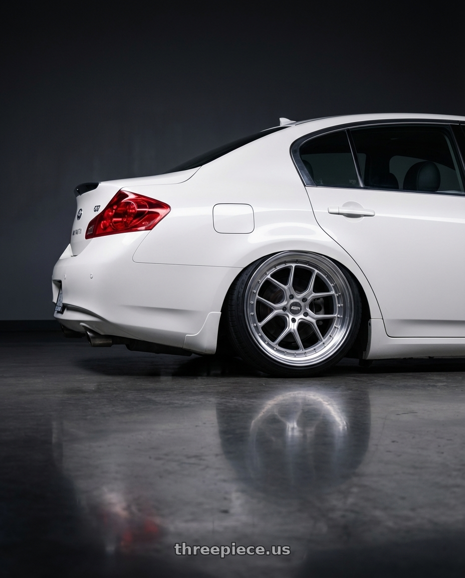 2012 Infiniti G37 with ESR Wheels CS SERIES CS2 5x114.3 19x8.5 +30 Hyper Silver wheels rear three quarter view slight stretch tires