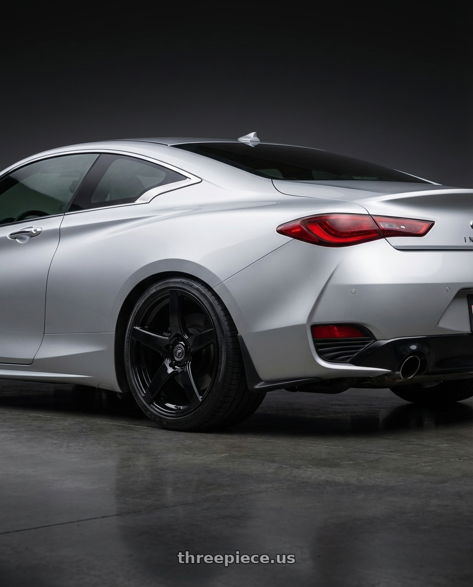 2020 Infiniti Q60 with Forgestar CF5 5x114.3 19x9 +35 Gloss Black wheels rear three quarter view square tires