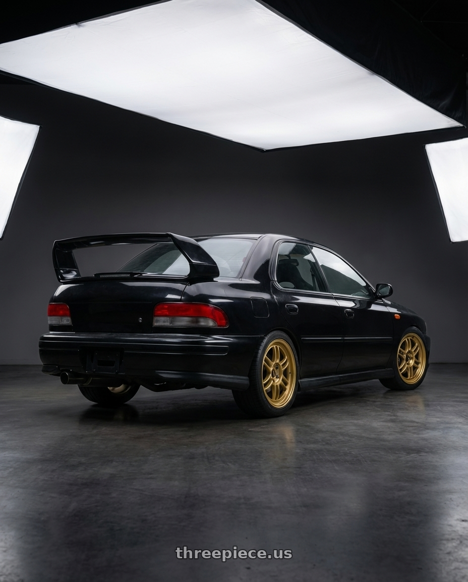 1998 Subaru Impreza GC8 with Enkei RPF1 5x100 17x8+45 Gold wheels rear three quarter view square tires