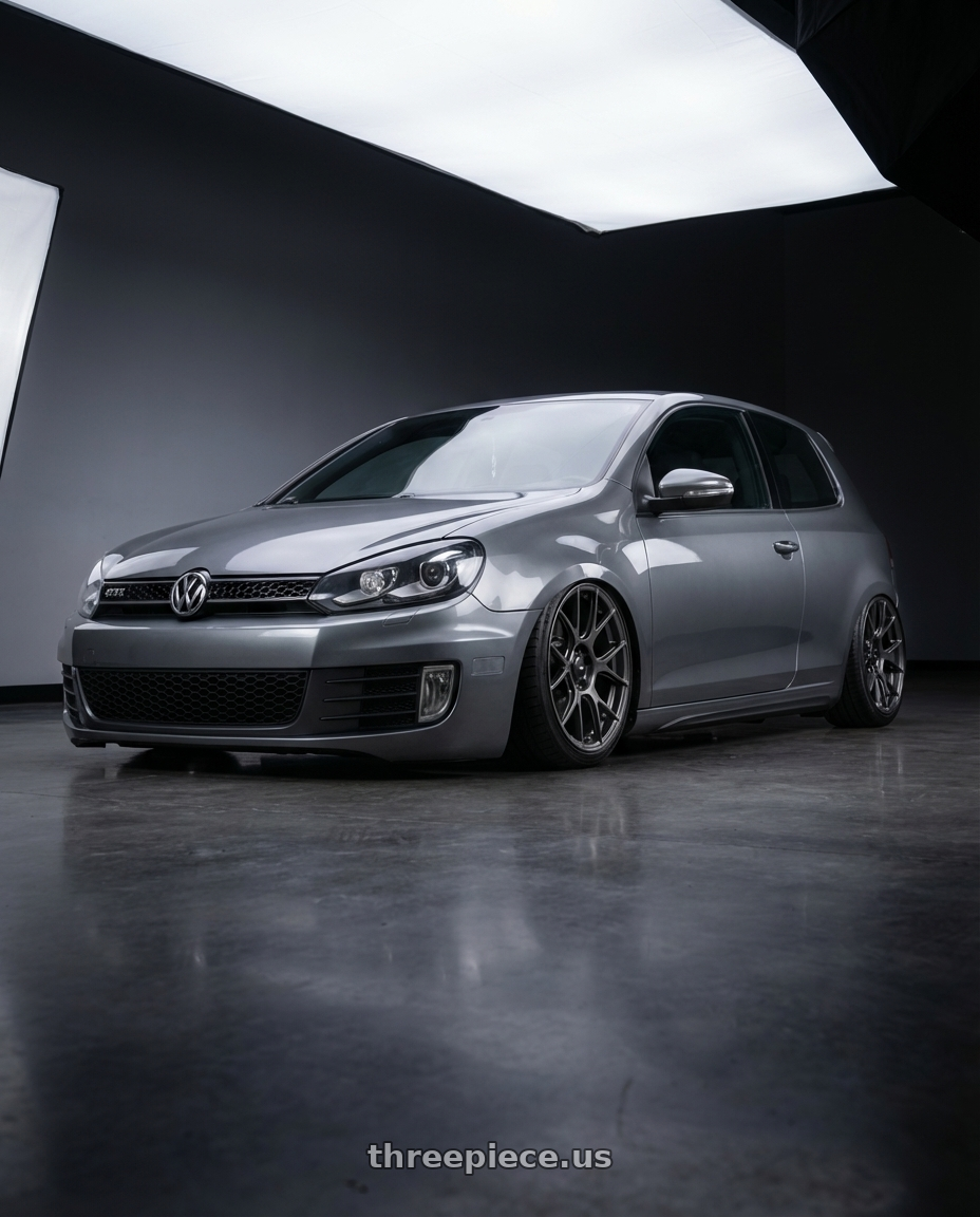 2013 Volkswagen GTI MK6 with Konig Ampliform 5x112 18x8.5+43 Dark Metallic Graphite wheels front three quarter view stanced stance