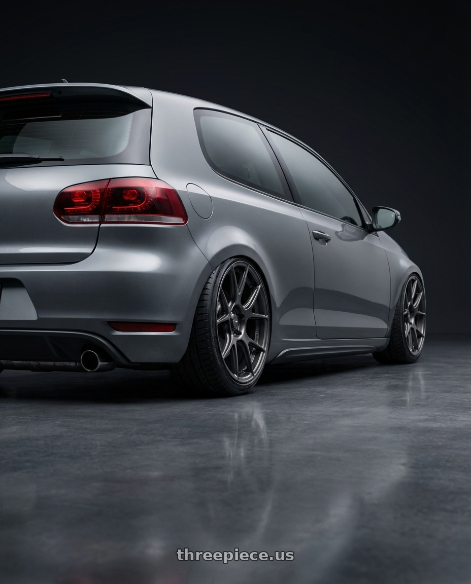 2013 Volkswagen GTI MK6 with Konig Ampliform 5x112 18x8.5+43 Dark Metallic Graphite wheels rear three quarter view slight stretch tires
