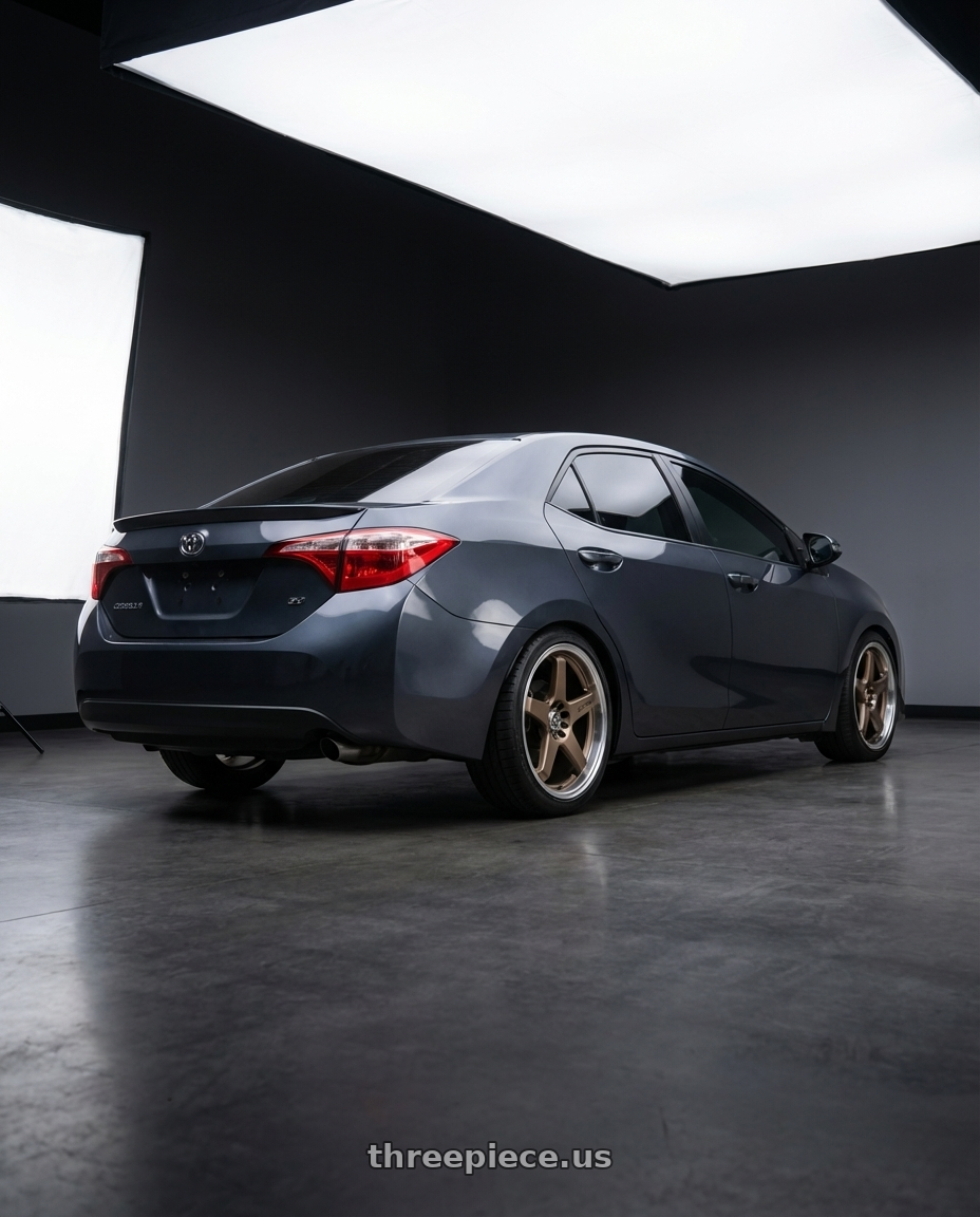 2016 Toyota Corolla  with Enkei EV5 5x100/114.3 18x7.5+38 Matte Bronze w/ Machined Lip wheels rear three quarter view square tires