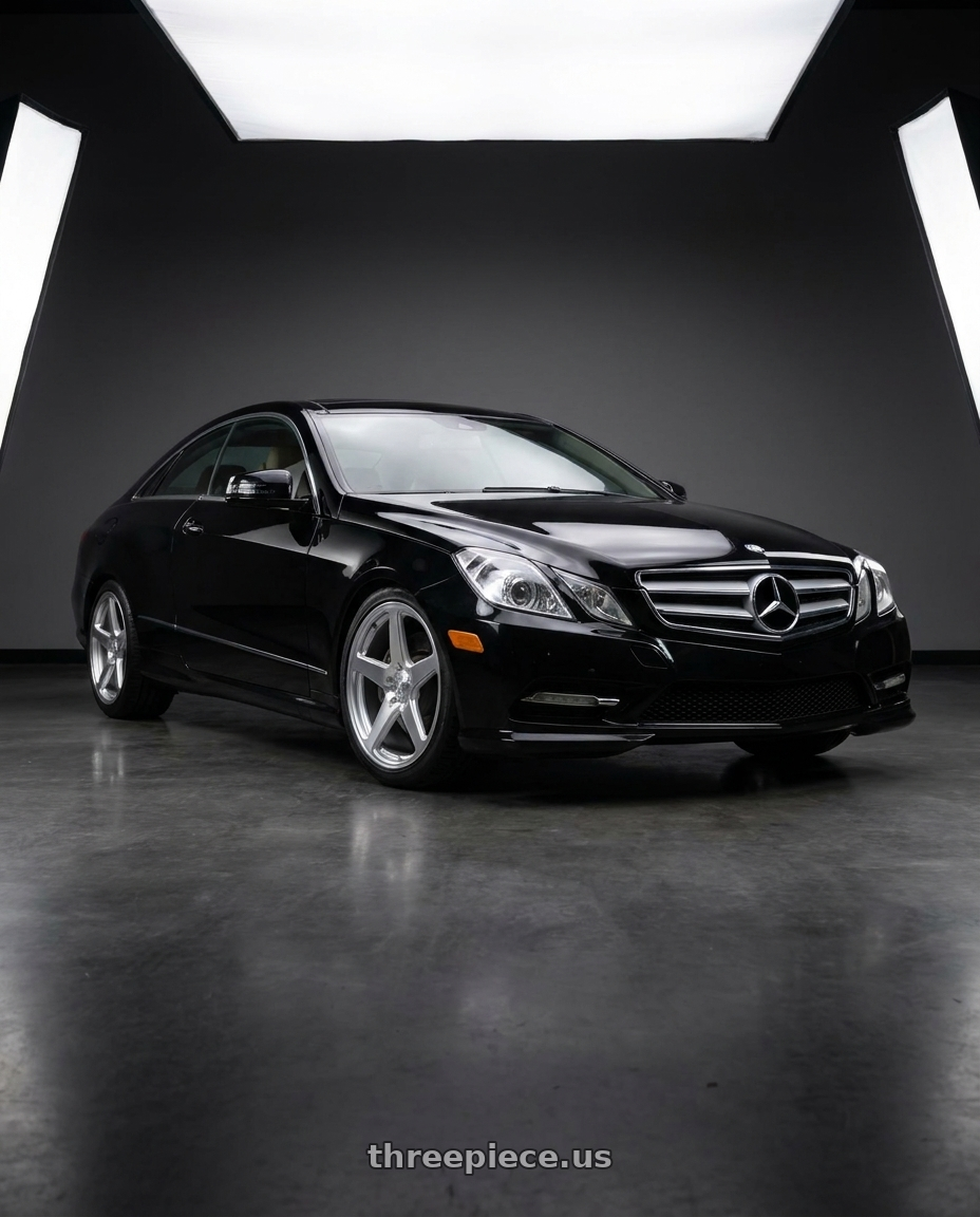 2013 Mercedes-Benz E350 4Matic with DOLCE PERFORMANCE STELLA 5x112 18x8.5 +35 Gloss Silver wheels front three quarter view lowered stance
