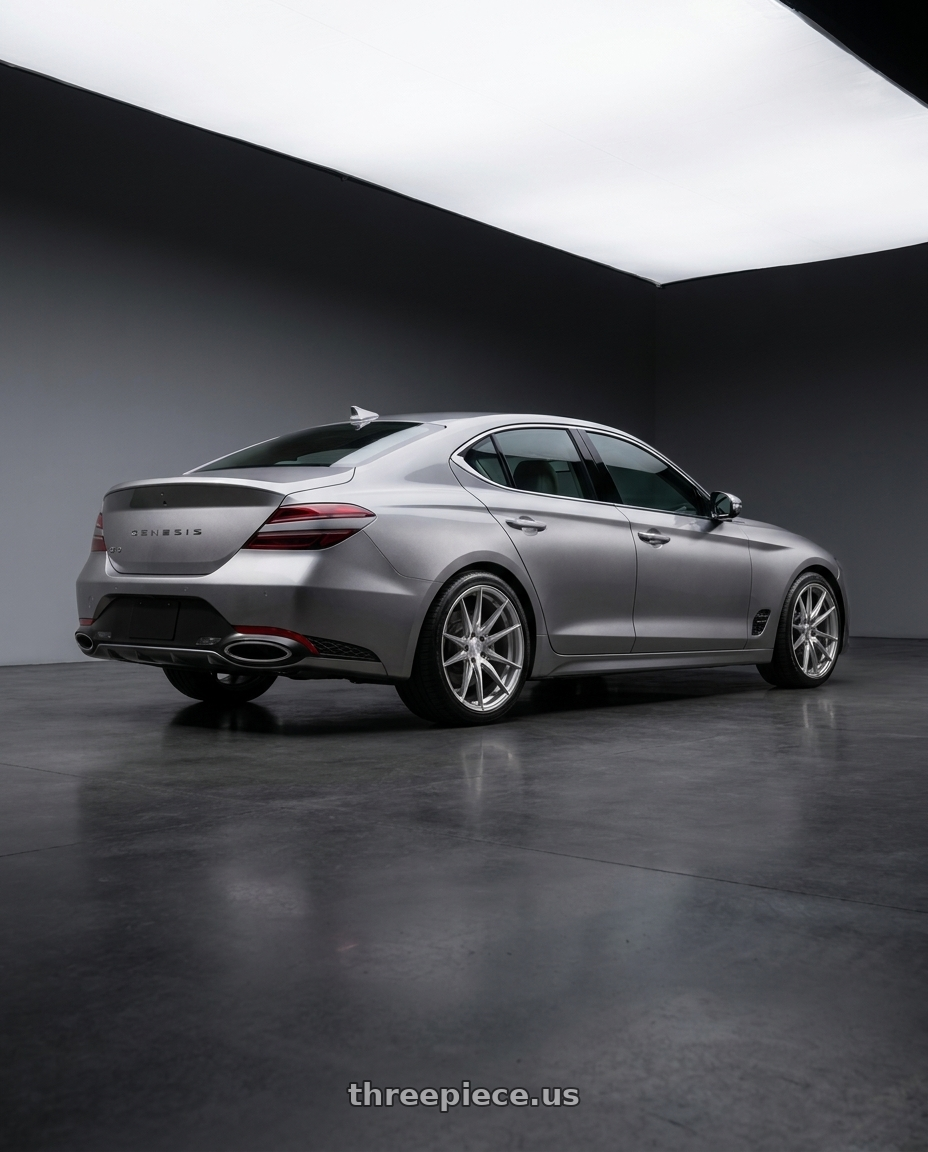2024 genesis g70 with Rohana RFX2 5x114.3 19x9.5+40 Brushed Titanium wheels rear three quarter view square tires