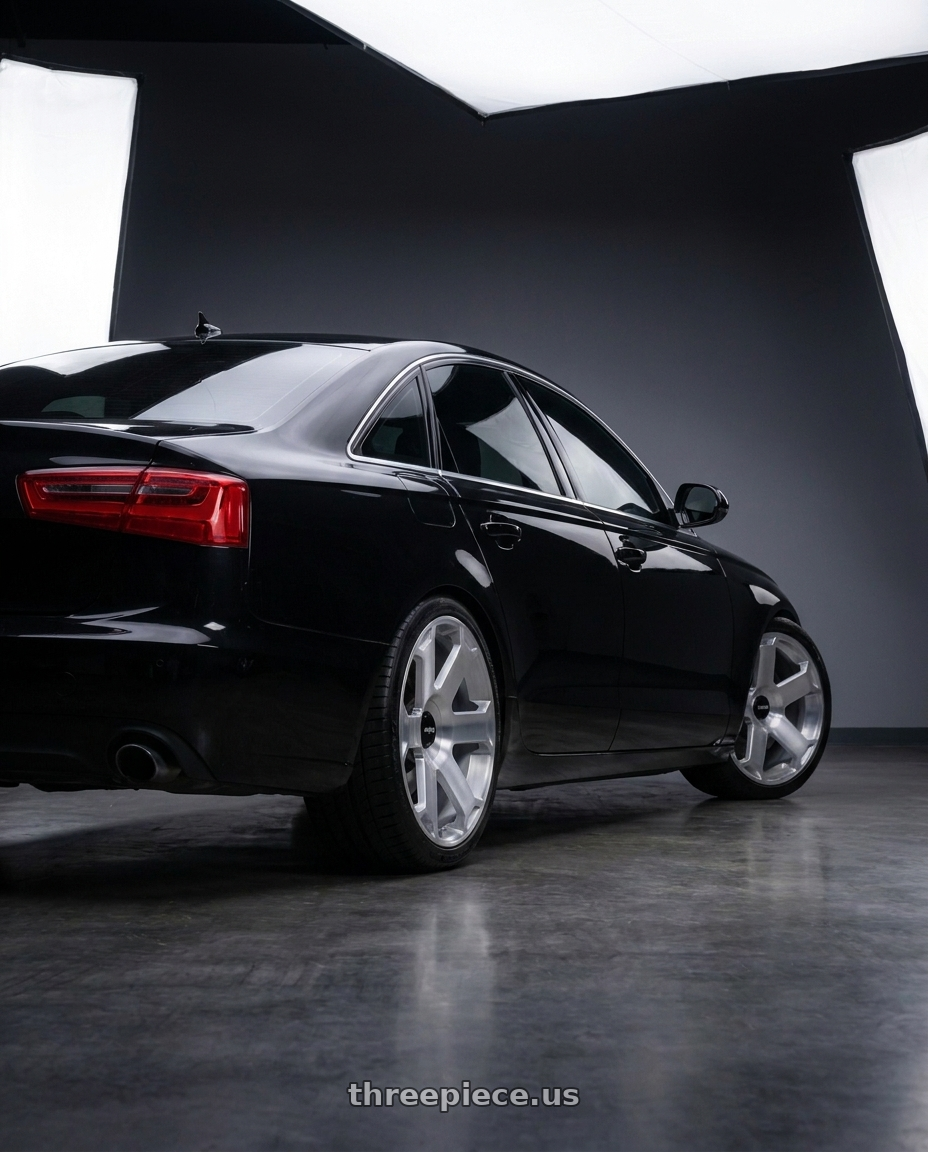 2013 Audi A6 with Rotiform 1PC AVS 5X112 22X10.5 +10 BRUSHED SILVER wheels rear three quarter view square tires