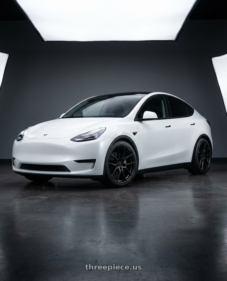 2024 Tesla Model Y with Aodhan AFF1 5x114.3 20x10.5+45 Matte Black wheels front three quarter view lowered stance