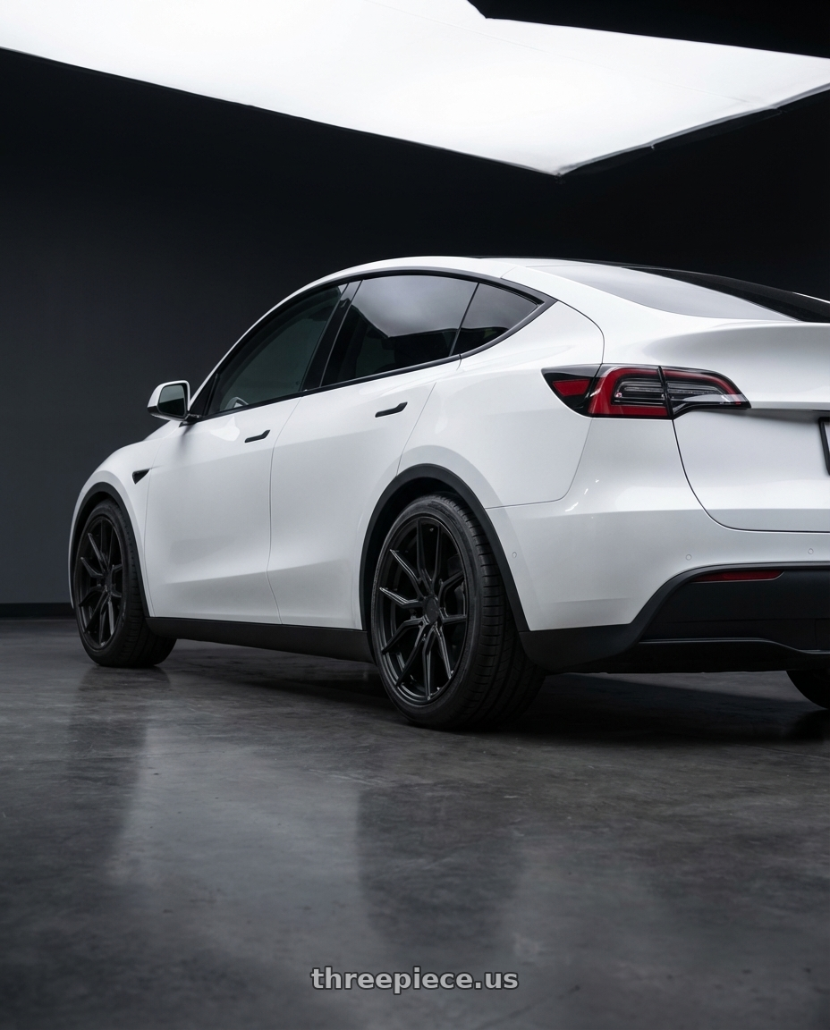 2024 Tesla Model Y with Aodhan AFF1 5x114.3 20x10.5+45 Matte Black wheels rear three quarter view square tires