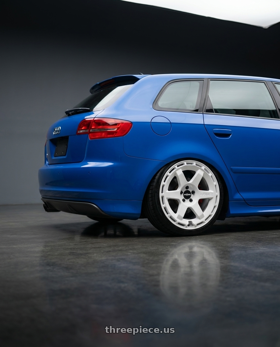2011 Audi S3 with Rotiform 1PC R183 KB1 5X108 19X8.5 +42 GLOSS WHITE wheels rear three quarter view square tires