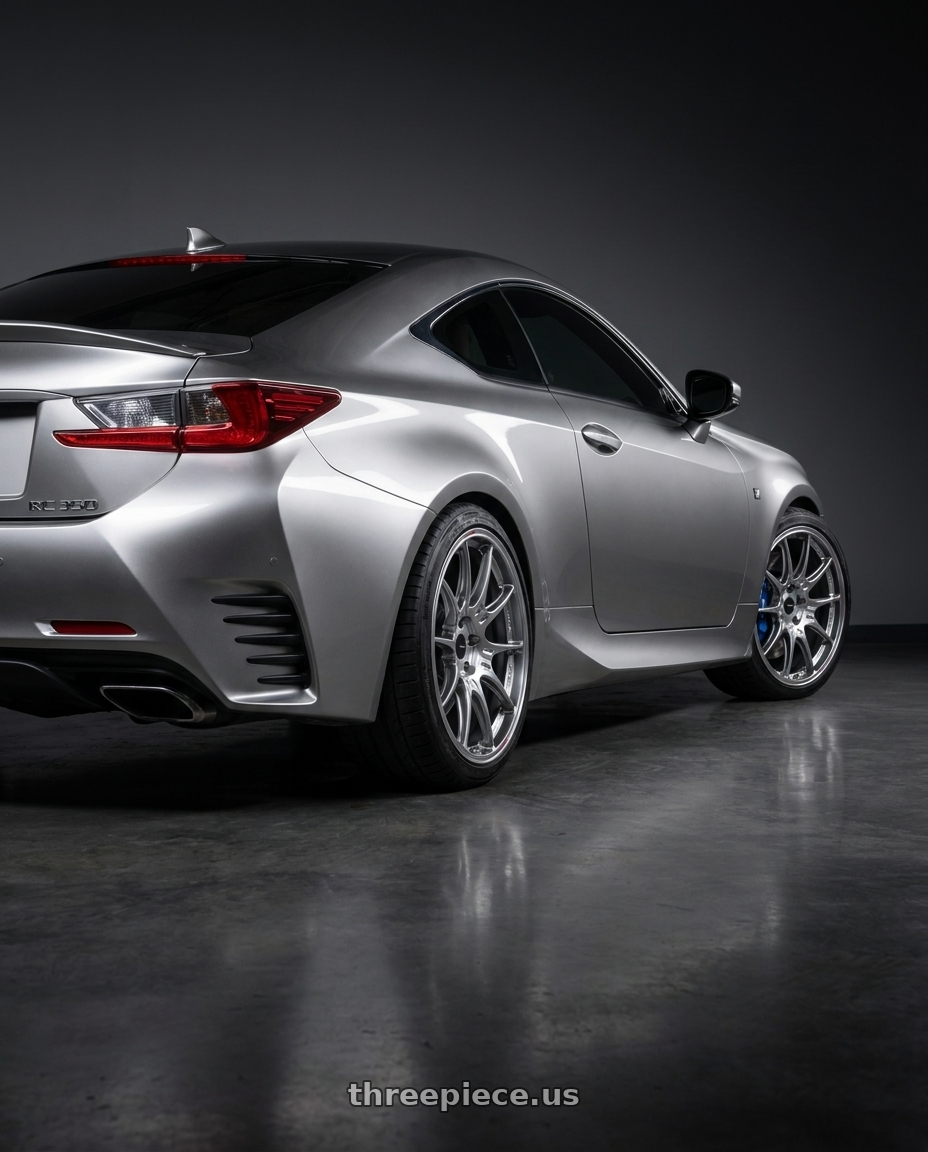 2016 Lexus RC 350 F Sport with Enkei GTC02 5x120 19x9+30 Hyper Silver wheels rear three quarter view square tires