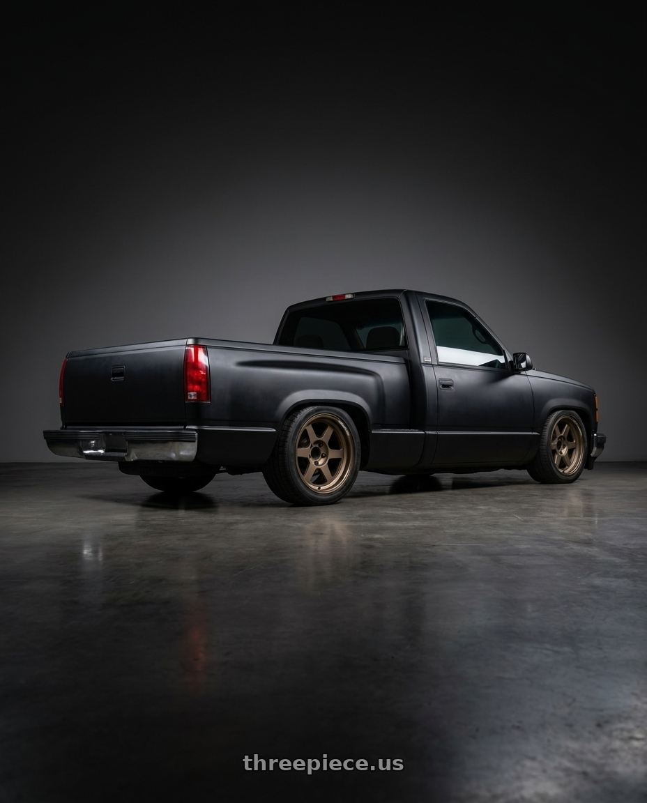 1998 gmc c1500 with Volk Racing TE37XT M-SPEC 5x127 18x9-1 Bronze wheels rear three quarter view square tires