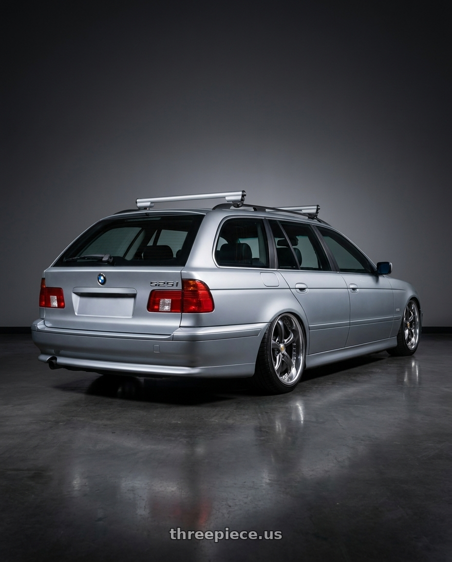 2003 bmw 525i Touring with Work Wheels VS-KF 5X114.3 19x9+53 Brilliant Silver Black A Disk FULL REVERSE wheels rear three quarter view slight stretch tires