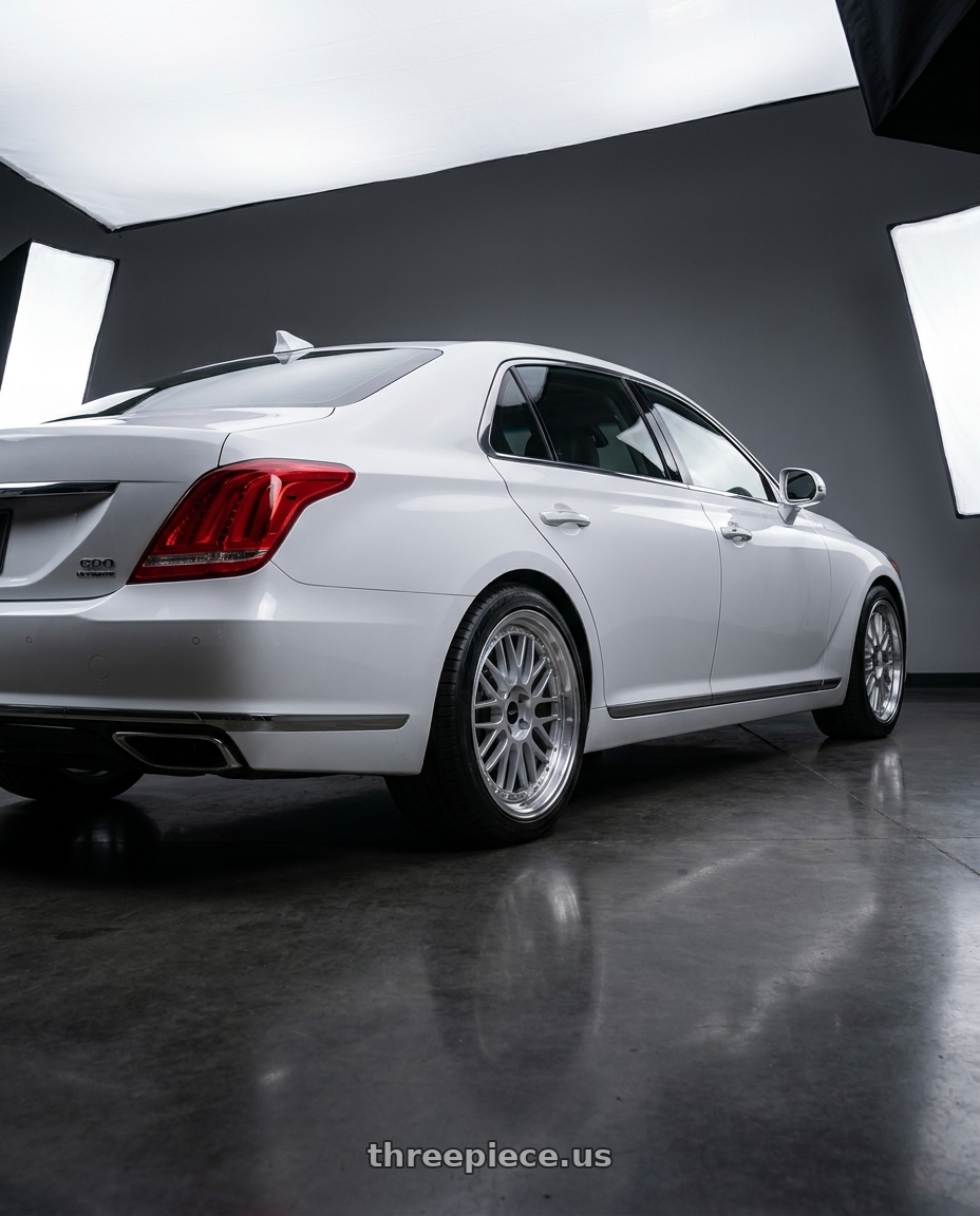 2018 genesis g90 ultimate with Vors VR8 5x114.3 20x8.5  +35 Silver Machine Lip Chrome Rivet wheels rear three quarter view square tires