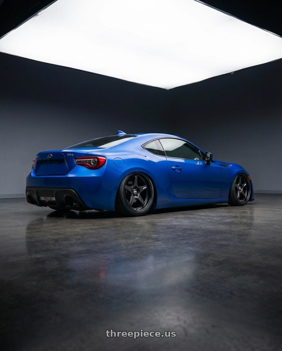 2017 Subaru BRZ with ESR Wheels APEX SERIES AP5 5x100 18x8.5 +30 Matte Black wheels rear three quarter view slight stretch tires