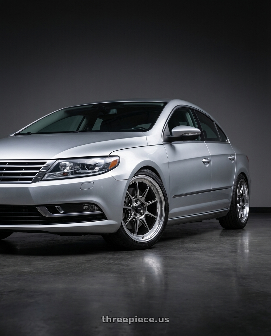 2015 Volkswagen CC with Konig Countergram 5x112 19x8.5+43 Hyper Chrome / Machined Lip wheels front three quarter view lowered stance
