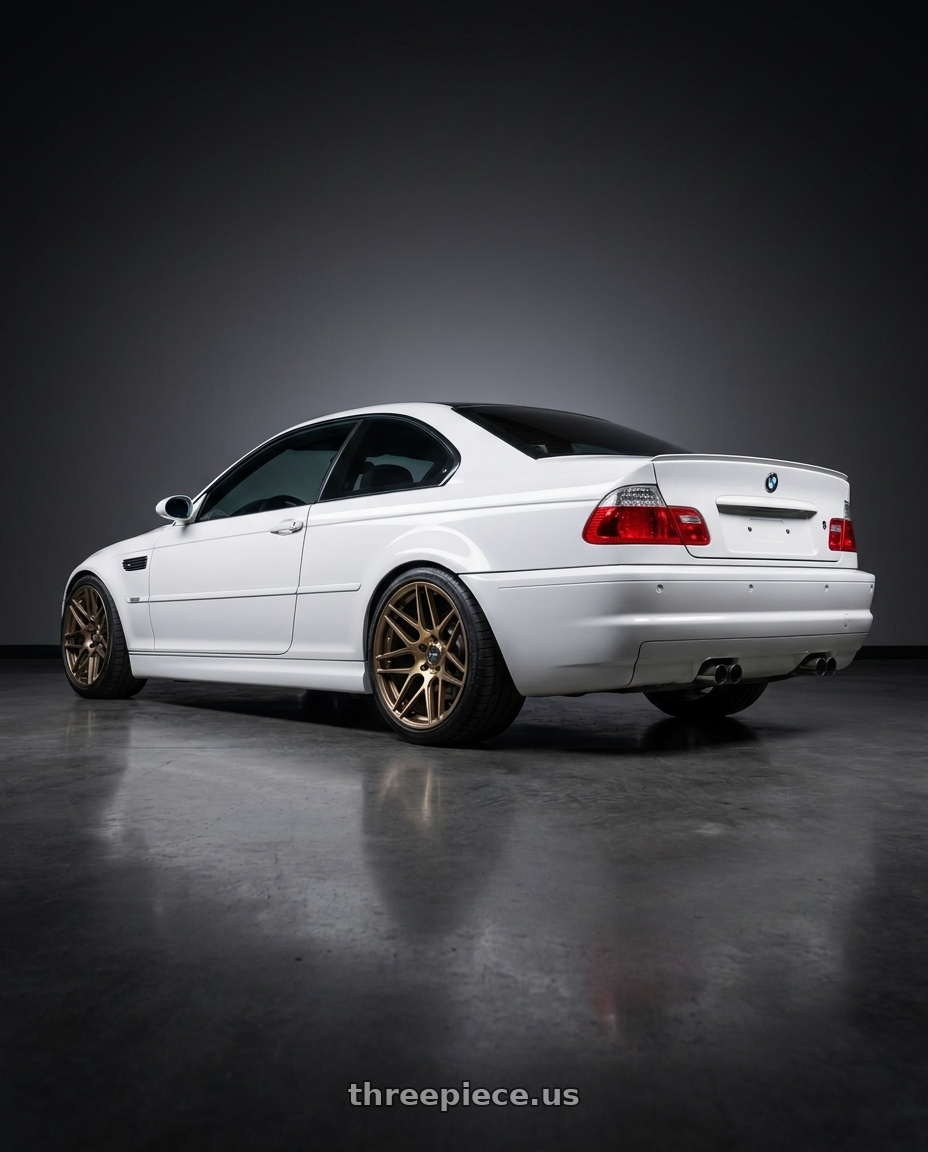 BMW 2014 e46 with ESR Wheels FORGETECH SERIES RF15 5x112 18x9.5 +35 Brushed Clear Bronze wheels rear three quarter view square tires