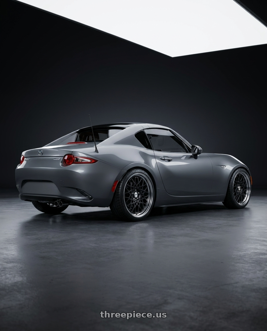 2017 Mazda mx5 RF with Work Seeker Cx 4x100 18x7.5+45 A Disk Matte Black wheels rear three quarter view slight stretch tires