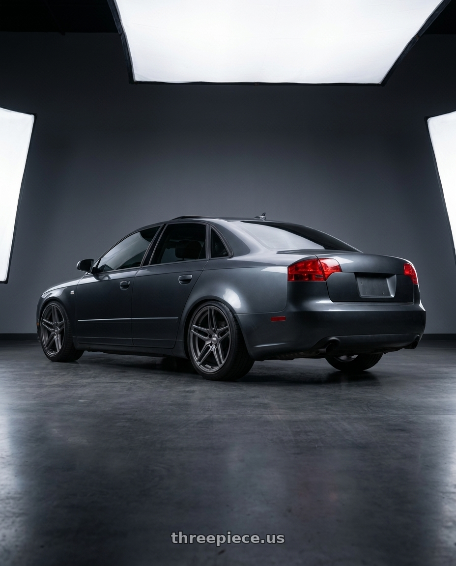 2005 Audi A4 B7 with ESR Wheels FORGETECH SERIES RF15 5x112 19x8.5 +30 Matte Graphite wheels rear three quarter view slight stretch tires