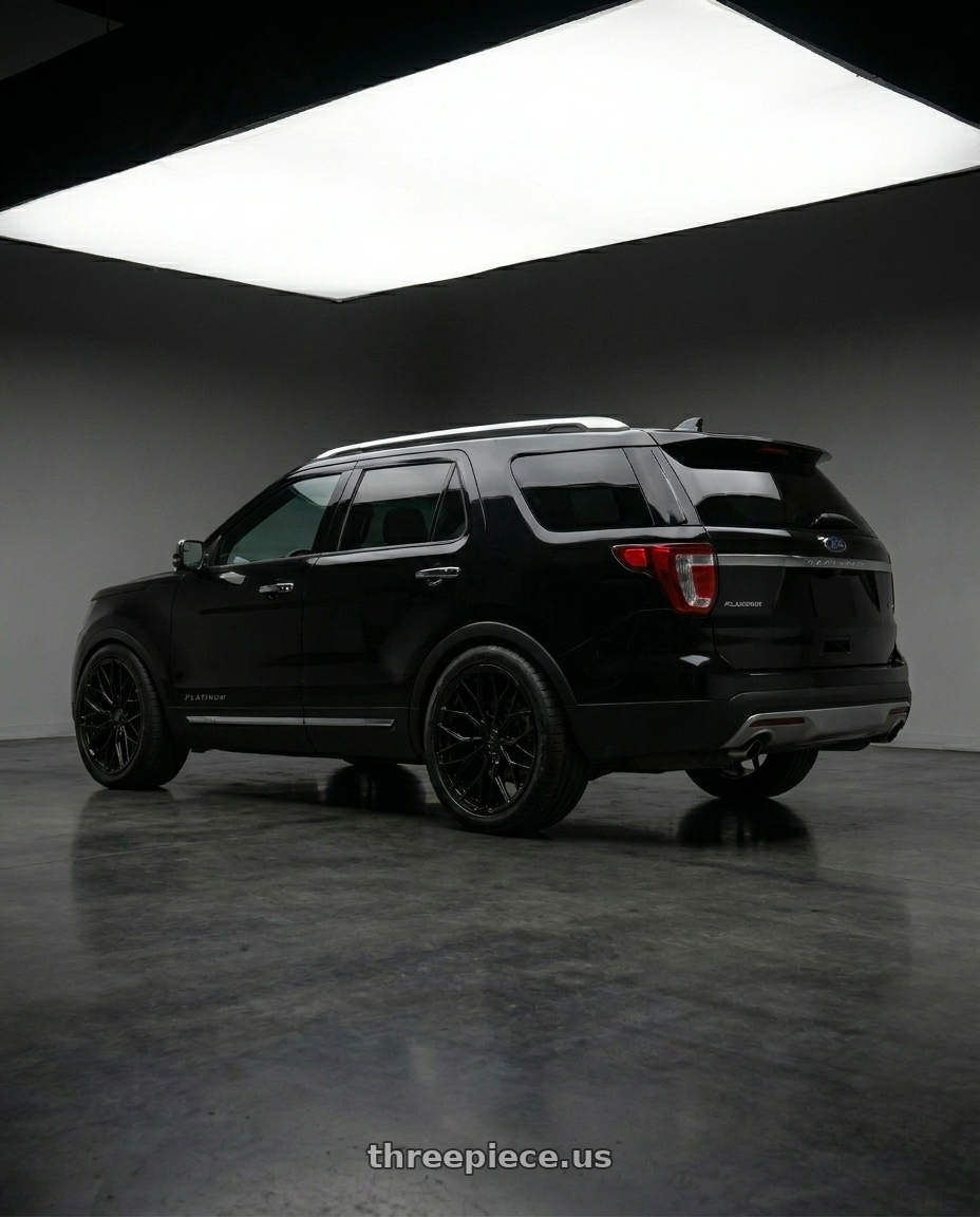 2019 ford explorer platinum  with DOLCE PERFORMANCE MAGARI 5x114.3 22x9 +38 Gloss Black wheels rear three quarter view meaty tires