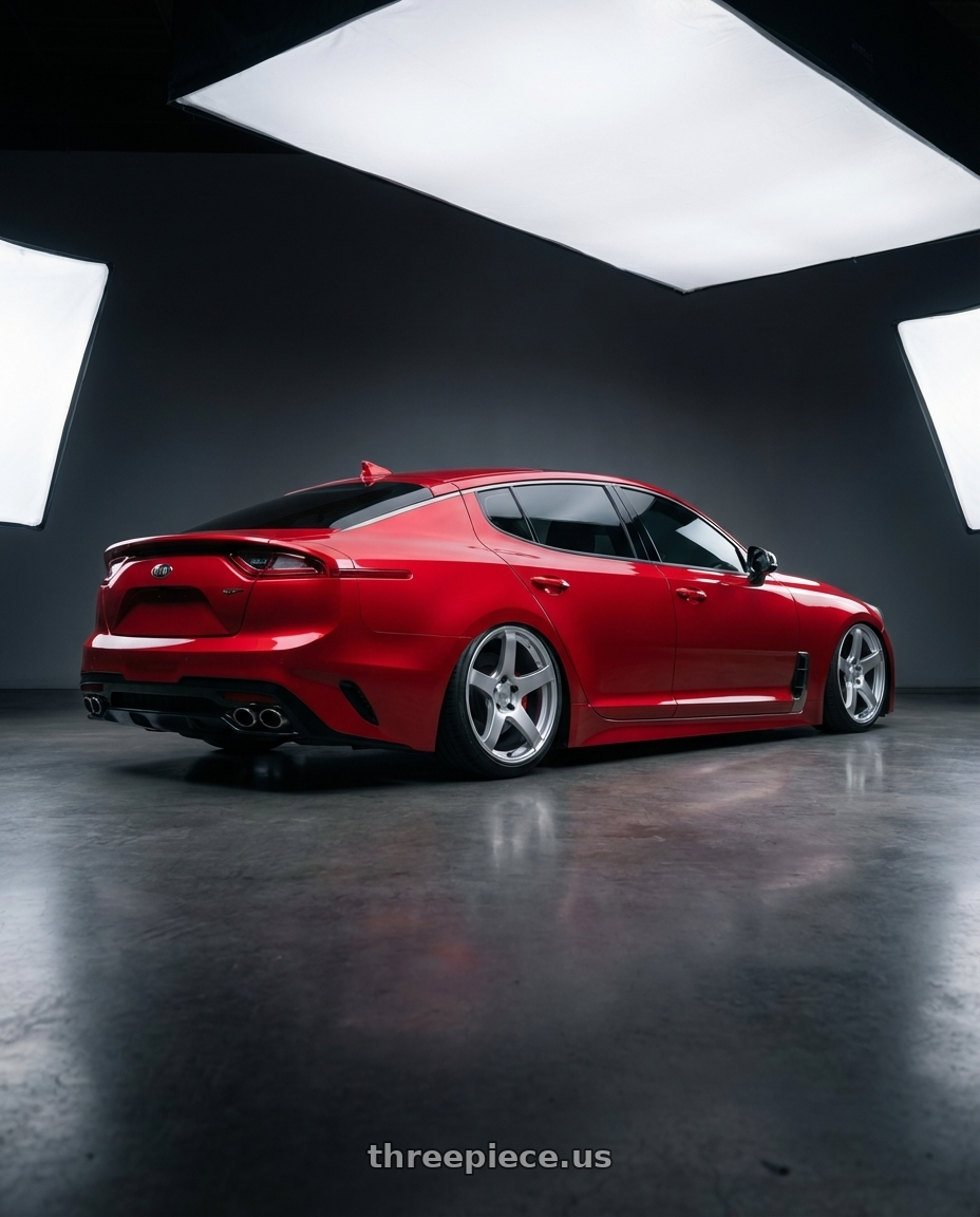 2022 Kia Stinger GT with Ssr Gtv01 5x114.3 19x8.5+38  GLARE SILVER wheels rear three quarter view slight stretch tires