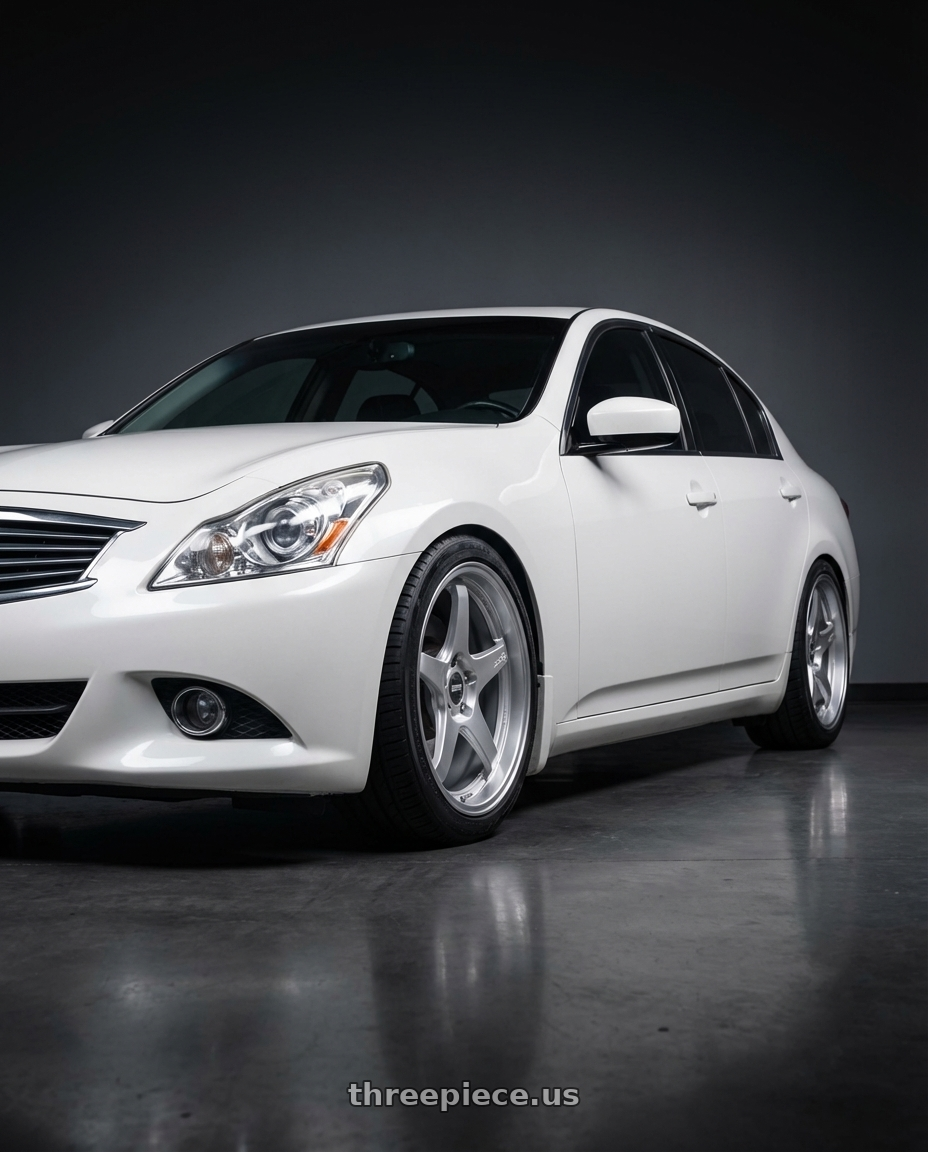 2012 Infiniti G37 with ESR Wheels APEX SERIES AP5 5x114.3 19x11 +22 Hyper Silver wheels front three quarter view lowered stance