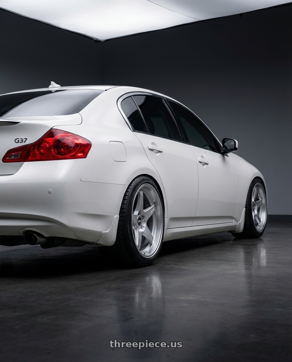2012 Infiniti G37 with ESR Wheels APEX SERIES AP5 5x114.3 19x11 +22 Hyper Silver wheels rear three quarter view square tires