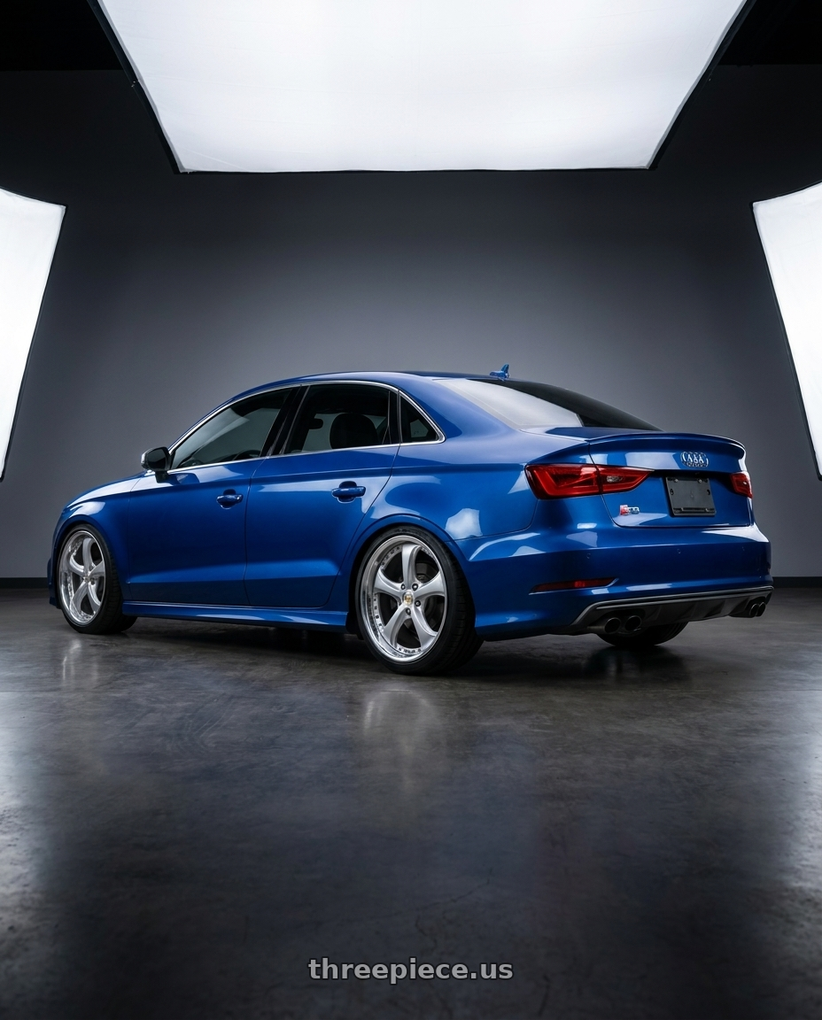 2016 Audi s3 Sepang pearl with Work Wheels VS-KF 5x112 18x8.5+35 Light Grey Silver L Disk FULL REVERSE wheels rear three quarter view slight stretch tires
