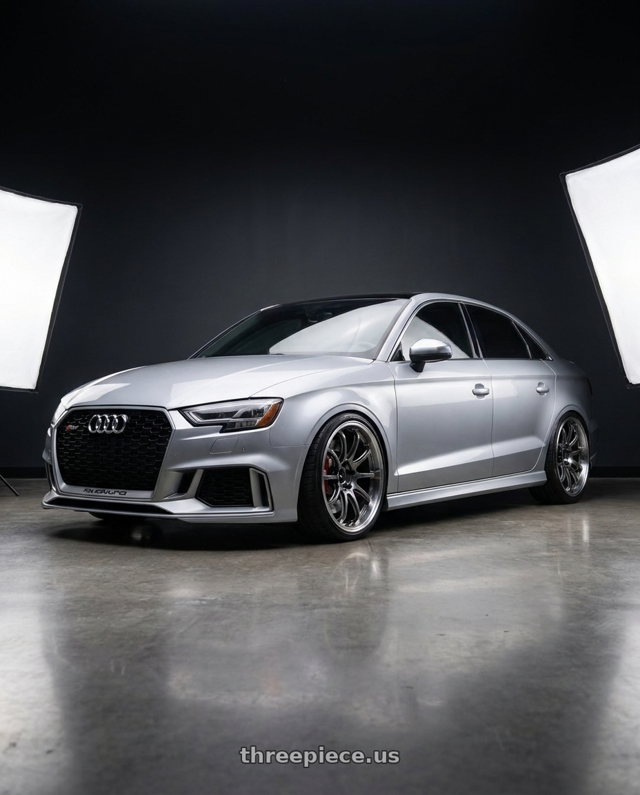 2016 Audi S3 with Advan Racing RS-DF Progressive 5x112 19x9.5+29 Machining and Racing Hyper Black wheels front three quarter view lowered stance