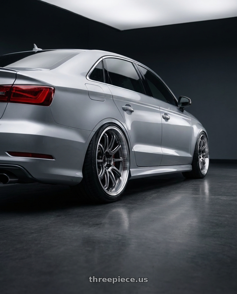 2016 Audi S3 with Advan Racing RS-DF Progressive 5x112 19x9.5+29 Machining and Racing Hyper Black wheels rear three quarter view extreme stretch tires