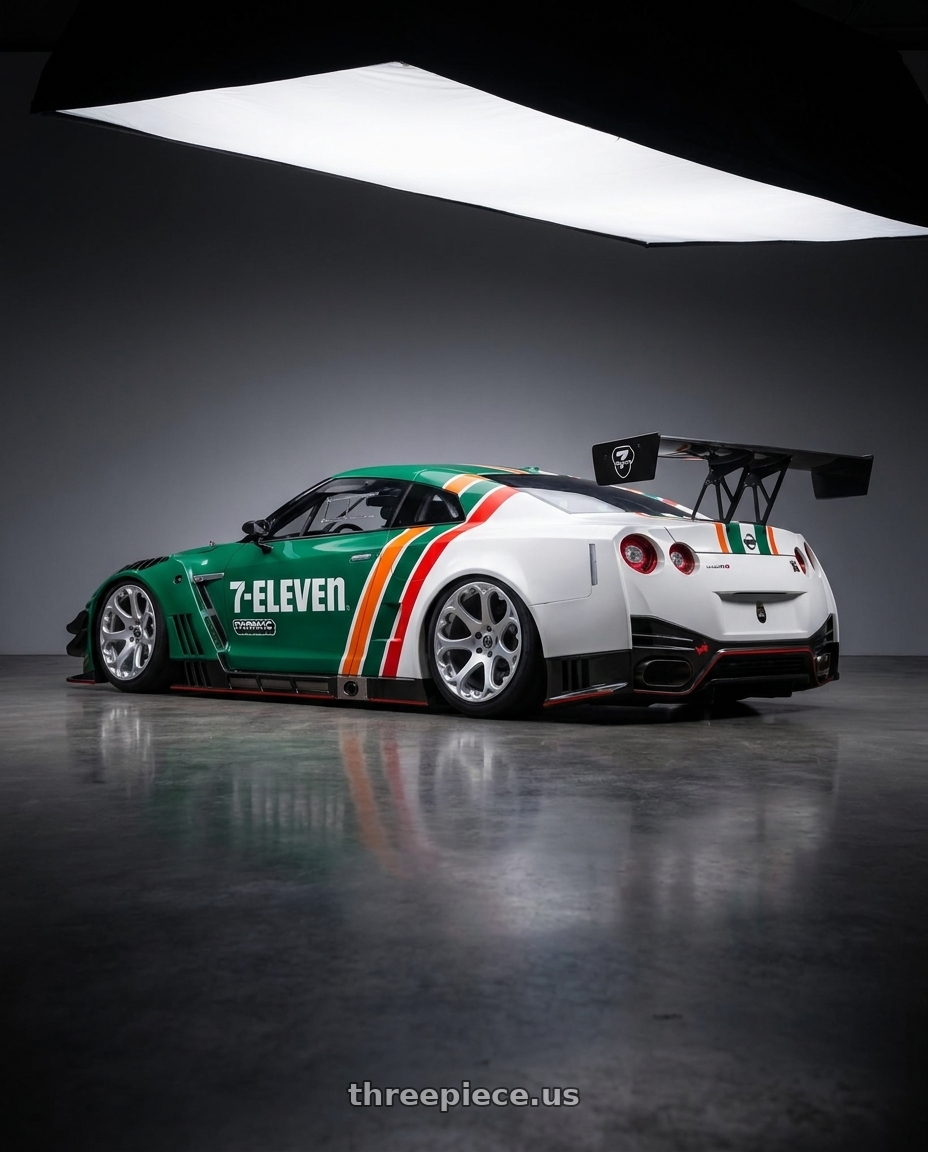 2025 NISSAN GT-R NISMO GT3(TARMAC WORKS × 7-ELEVEN TAIWAN 7-11限定紀念車) with Heritage Wheel Kokoro MonoC 5X120 20x10+45 Silver wheels rear three quarter view slight stretch tires