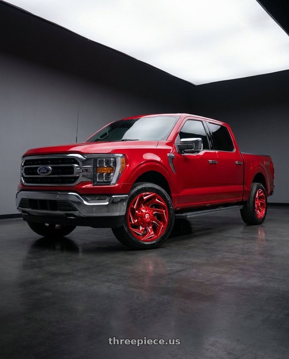 2025 ford f150 XLT supercrew with Fuel 1PC D754 REACTION 6X135/6X139.7 18X9 -12 CANDY RED MILLED wheels