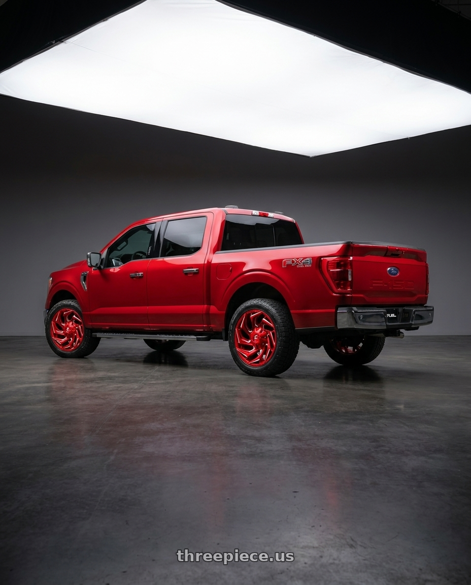 2025 ford f150 XLT supercrew with Fuel 1PC D754 REACTION 6X135/6X139.7 18X9 -12 CANDY RED MILLED wheels rear three quarter view square tires