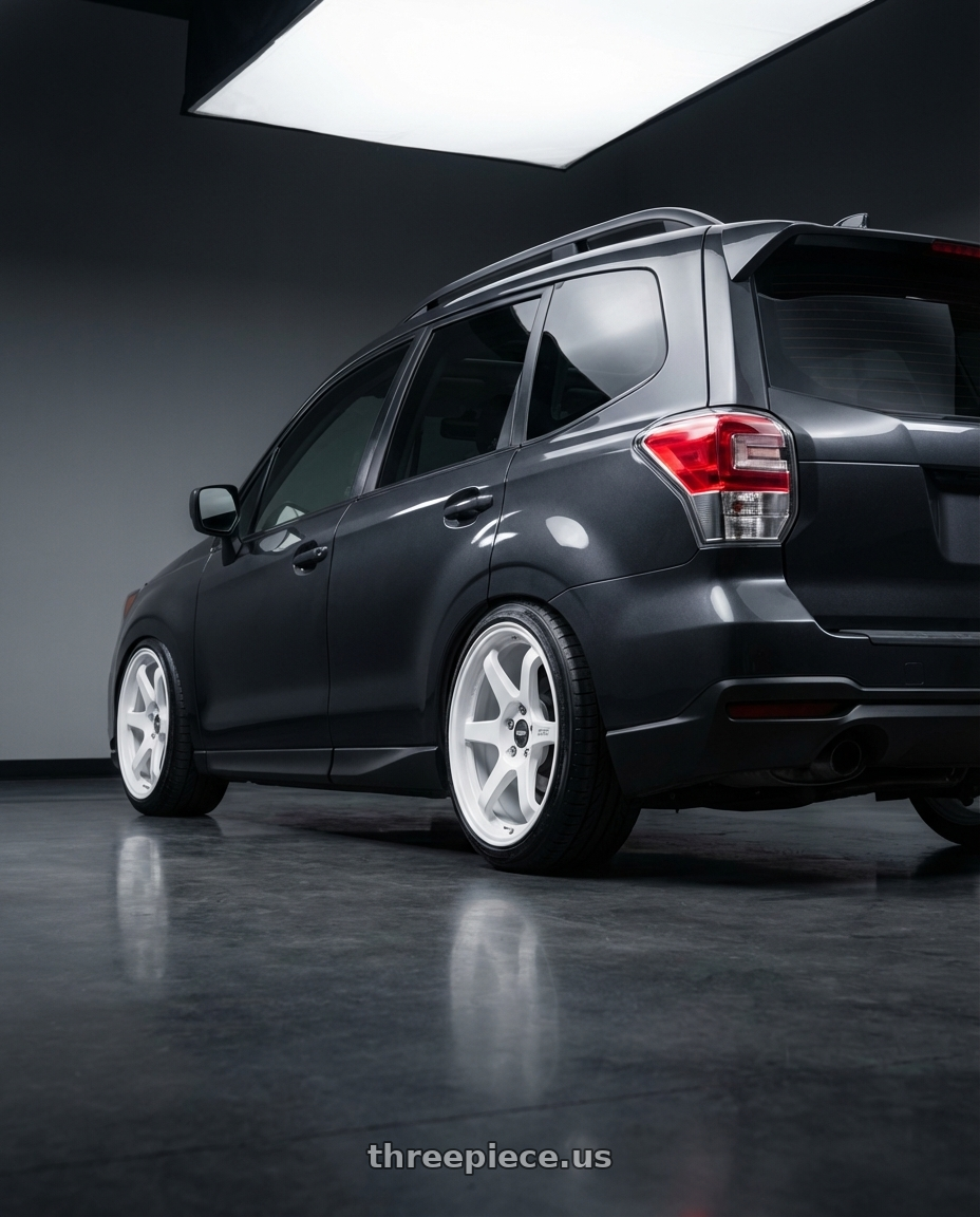 2017 Subaru Forester XT Dark Metallic Grey with ESR Wheels APEX SERIES AP6 5x114.3 18x9.5 +35 Gloss White wheels rear three quarter view slight stretch tires