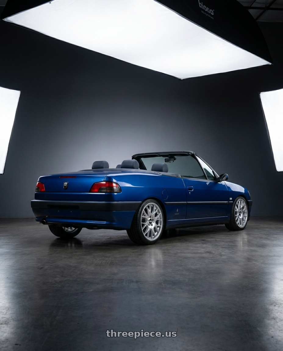 1995 Peugeot 306 Cabriolet (N3) Square fog lights , Royal Blue with BBS CH-R 5x120 19x9.5 +35 Brilliant Silver Polished Rim Protector wheels rear three quarter view square tires
