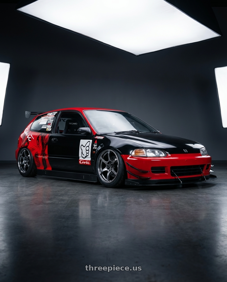 1993 Honda Civic eg5 with Advan Racing RG-4 5x114.3 17x8.0 +54 RACING HYPER BLACK & RING wheels front three quarter view slammed stance
