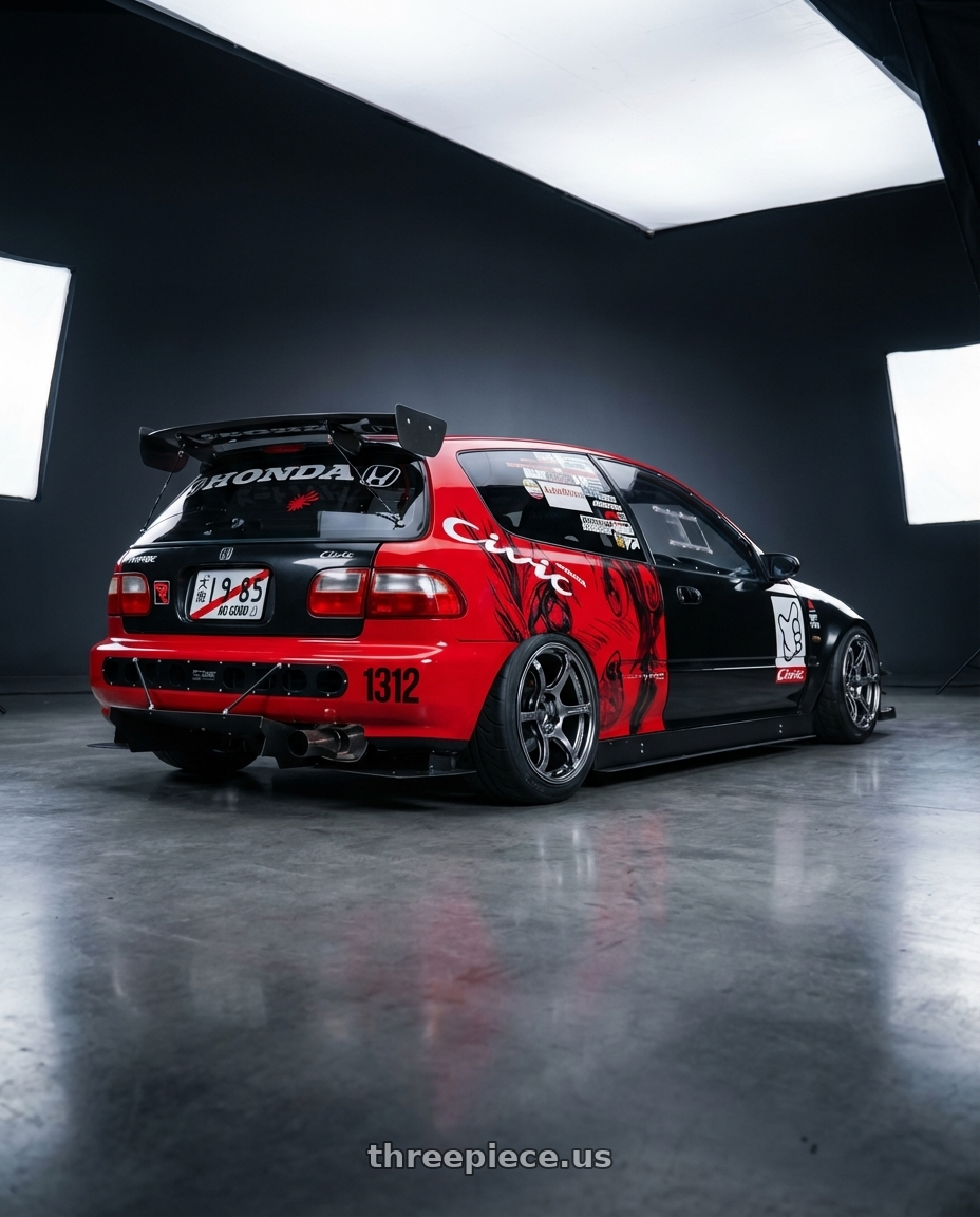 1993 Honda Civic eg5 with Advan Racing RG-4 5x114.3 17x8.0 +54 RACING HYPER BLACK & RING wheels rear three quarter view meaty tires