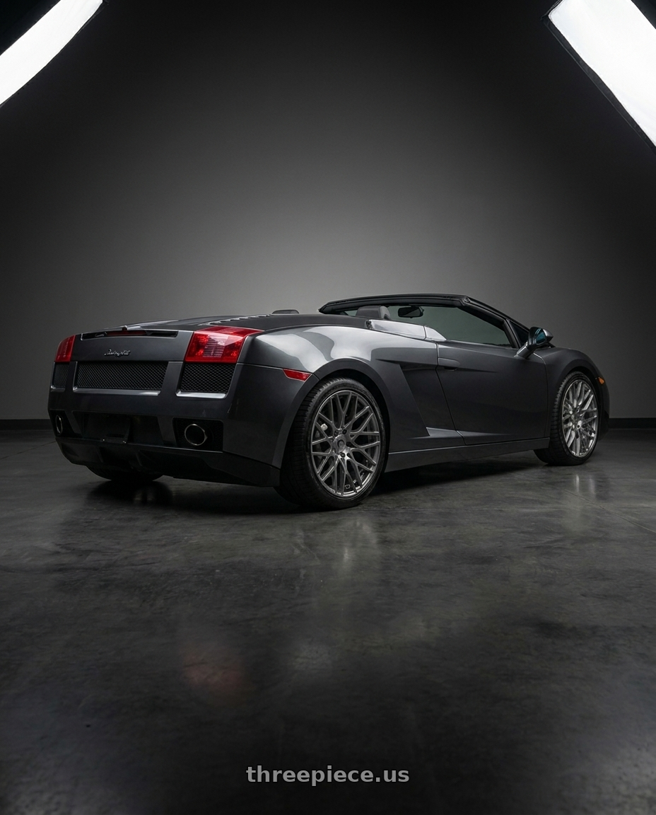 2007 Lamborghini gallardo with TOUREN TR76 3276 5x112 19x8.5 +35 GLOSS GRAPHITE wheels rear three quarter view square tires