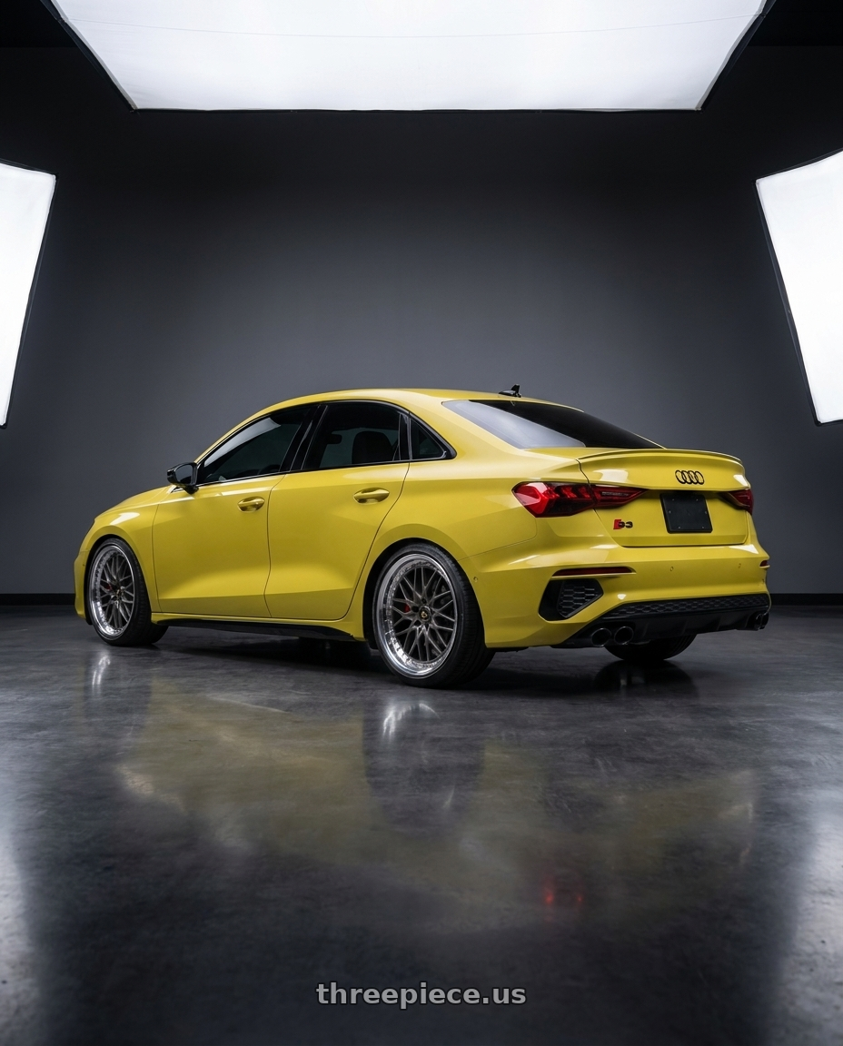 2023 Audi S3 with Work Vs-Xv 5x112 19x8.5+47 A Disk Matte Dark Gunmetal wheels rear three quarter view slight stretch tires