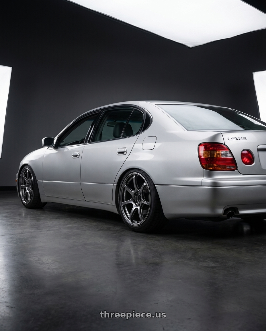 2004 Lexus gs300 with Advan Racing RG-4 5x100 18x9.5 +45 RACING HYPER BLACK & RING wheels rear three quarter view slight stretch tires